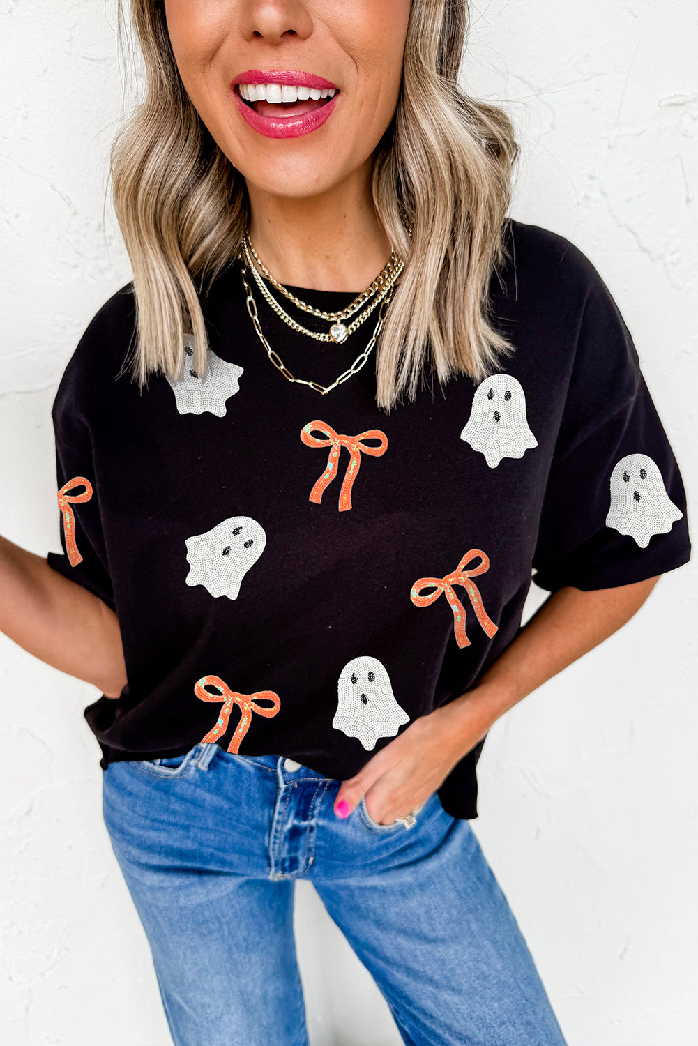 Black Sequin Bow Ghost Patch Halloween Graphic Tee