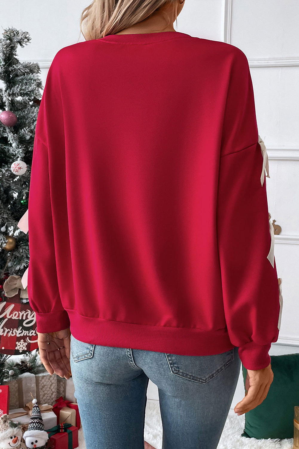 Red and Bow Decor Dropped Sleeve Crewneck Sweatshirt
