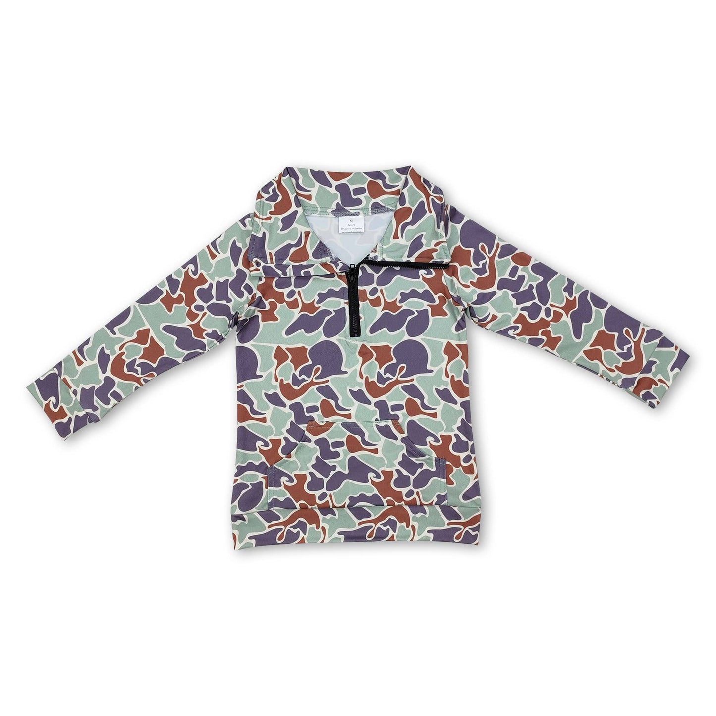 Yawoo Garments - Long sleeves grey camo pocket kids zip pullover