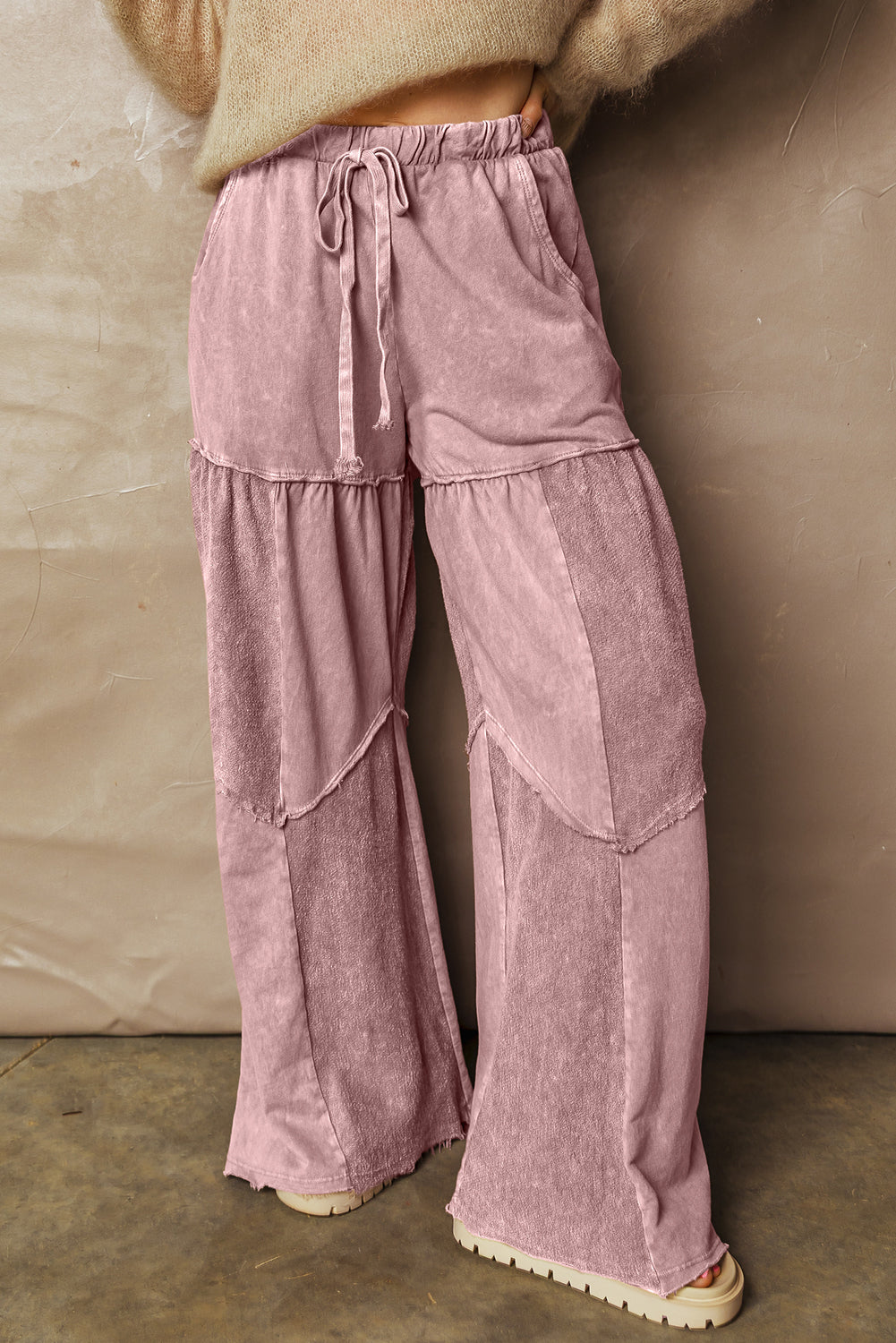 Careys Mineral Wash Tiered Wide Leg Patchwork Drawstring Pants