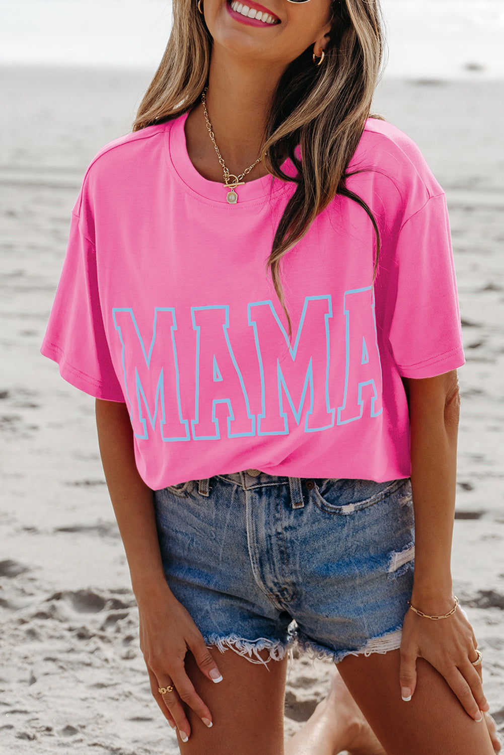 Bright Pink MAMA Letter Graphic Neon Tee