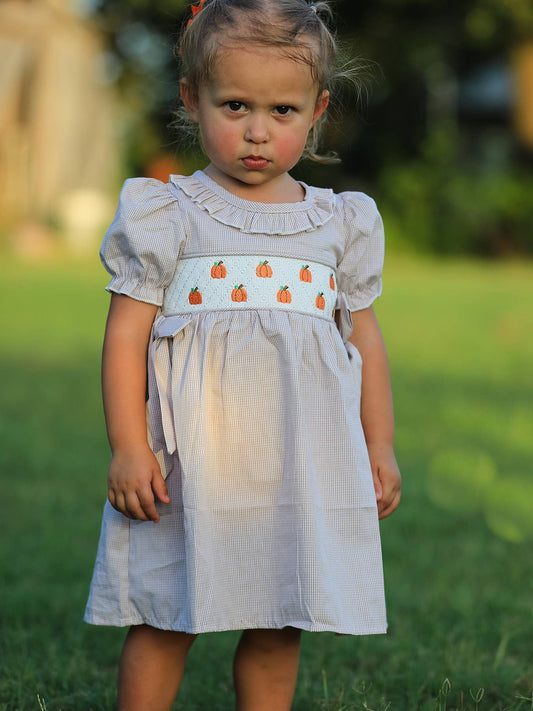 Rylee Faith Designs - Halloween & Thanksgiving Pumpkin Embroidery Smock Plaid Girls Dress
