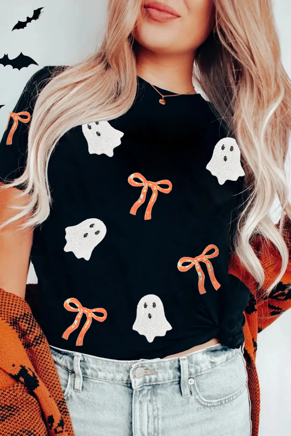 Black Sequin Bow Ghost Patch Halloween Graphic Tee