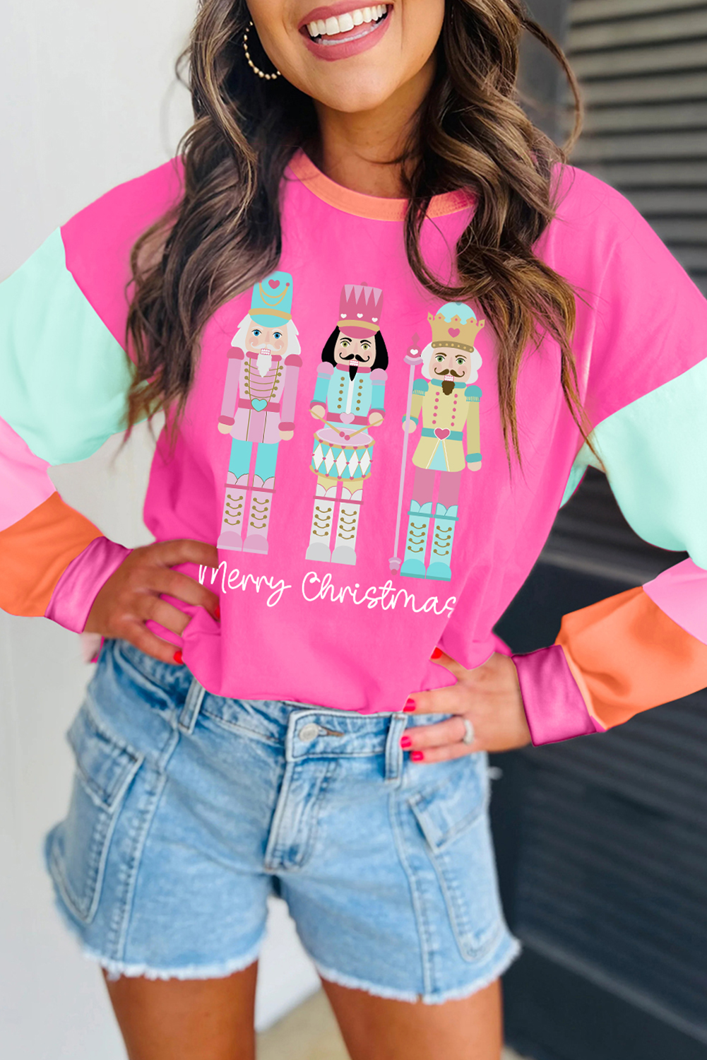 Hot Pink Nutcracker Merry Christmas Graphic Colorblock Long Sleeve Tee