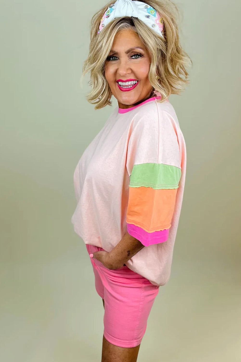 Pink Color Block Half Sleeve O Neck Plus Size Tee