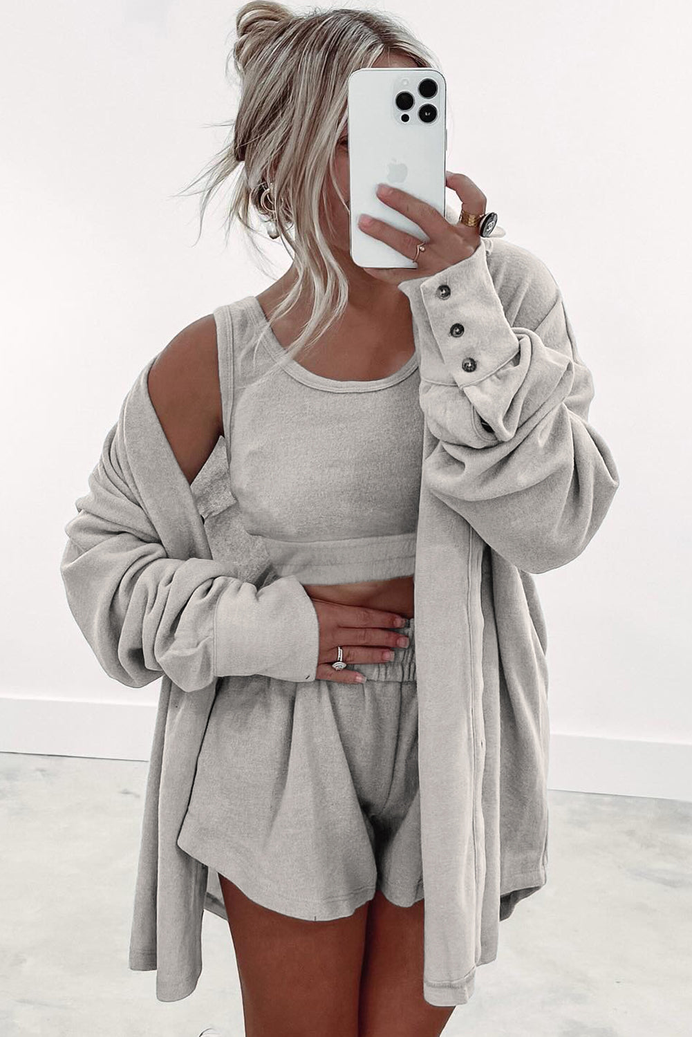 Gray 3Pc Crop Tank Top Shorts with Cardigan Lounge Set