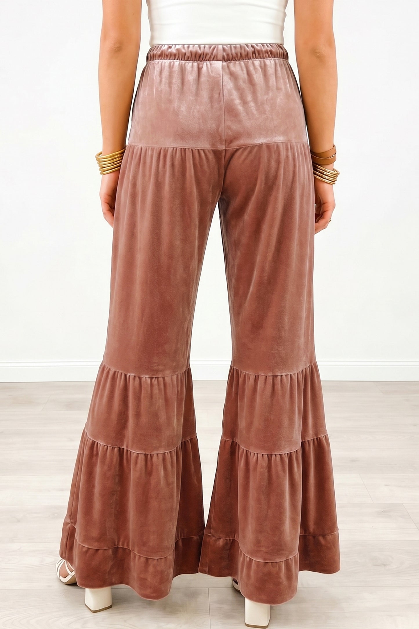 Straw Yellow Mineral Wash Lace-up High Waist Tiered Bell Bottom Pants