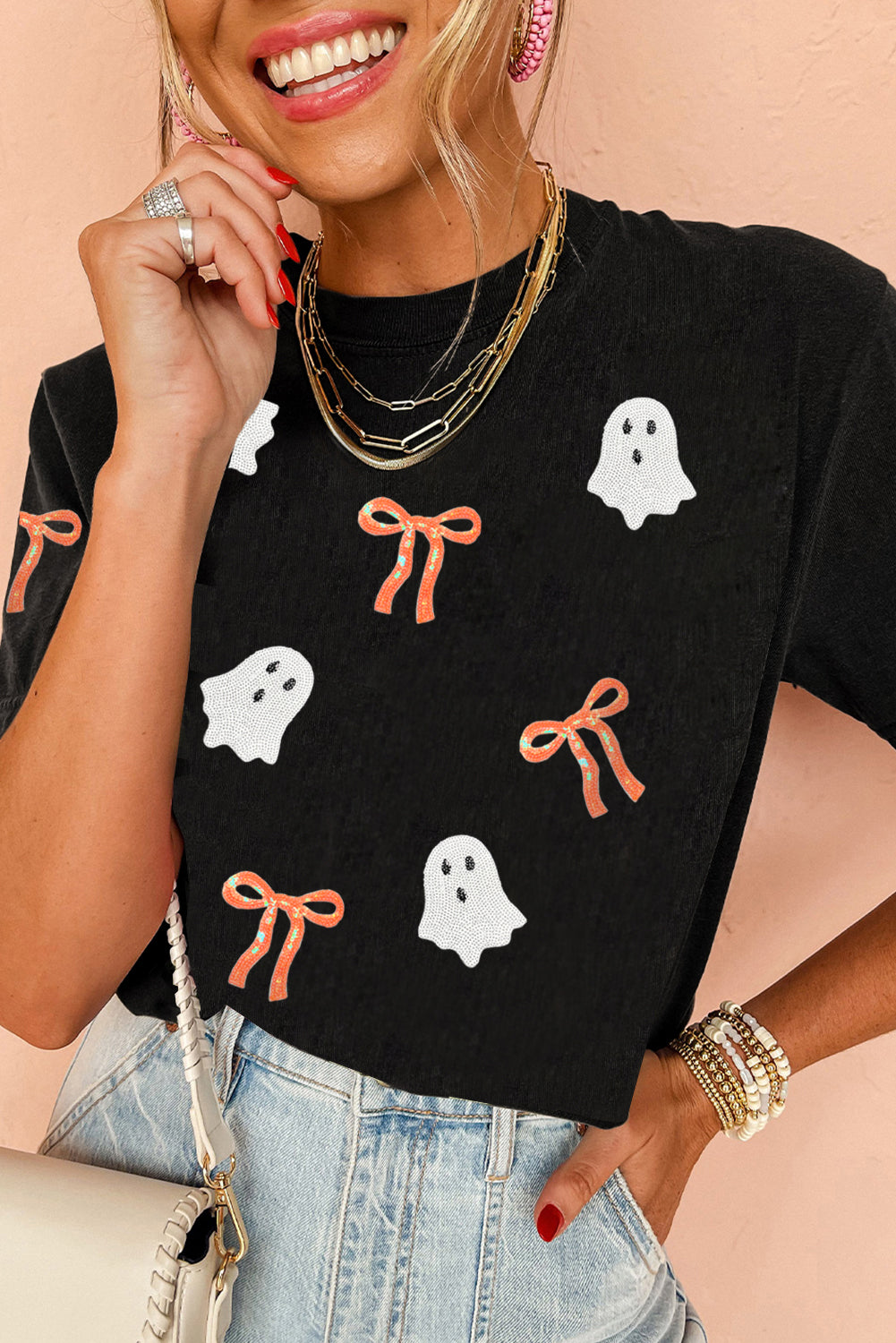 Black Sequin Bow Ghost Patch Halloween Graphic Tee