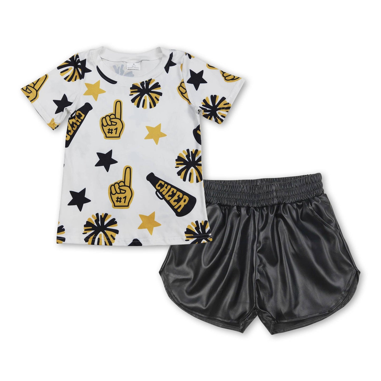 Yawoo Garments - Short sleeves stars cheer top gold shorts girls clothes