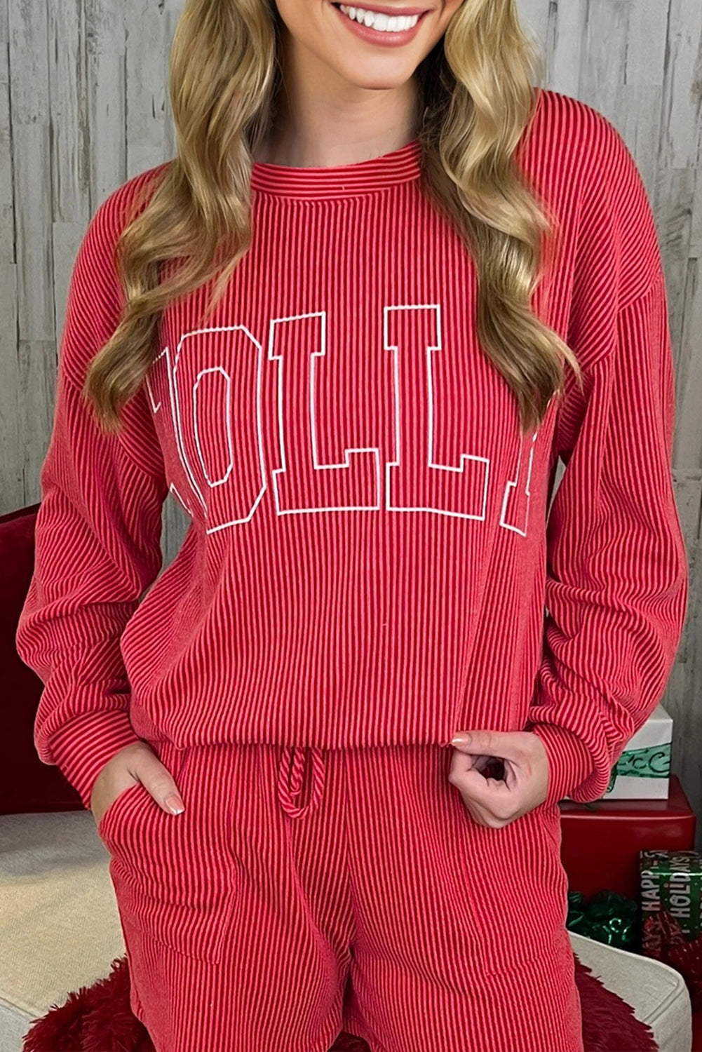 Red Twisted Rib MERRY Loose Long Sleeve Top