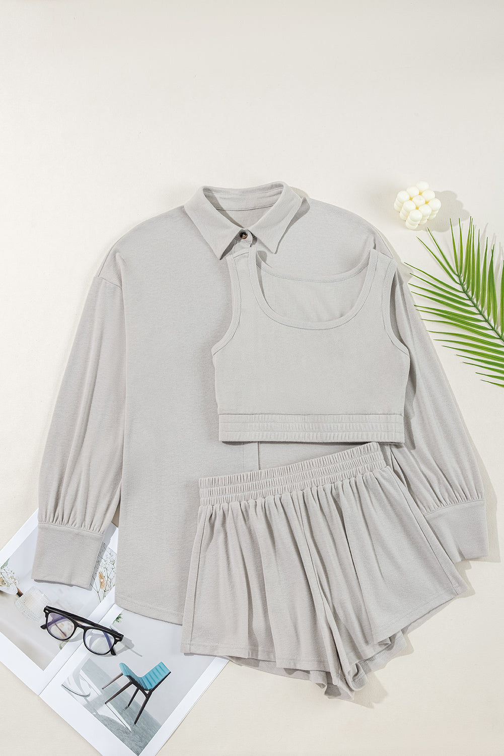 Gray 3Pc Crop Tank Top Shorts with Cardigan Lounge Set
