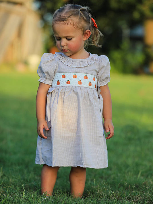 Rylee Faith Designs - Halloween & Thanksgiving Pumpkin Embroidery Smock Plaid Girls Dress