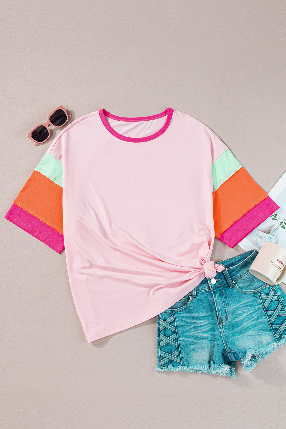 Pink Color Block Half Sleeve O Neck Plus Size Tee