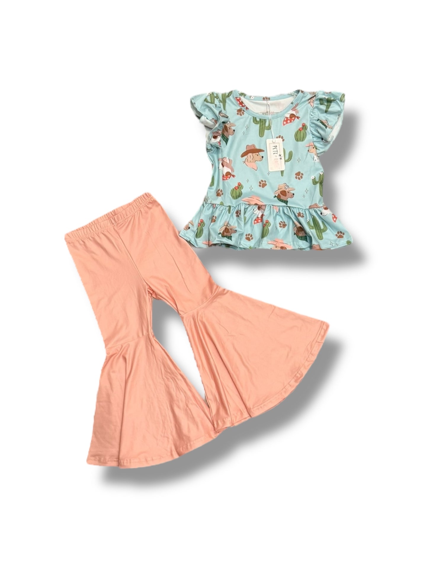 Pete + Lucy Cow Dog and Cactus with Bell Bottom Pants 2pc Set