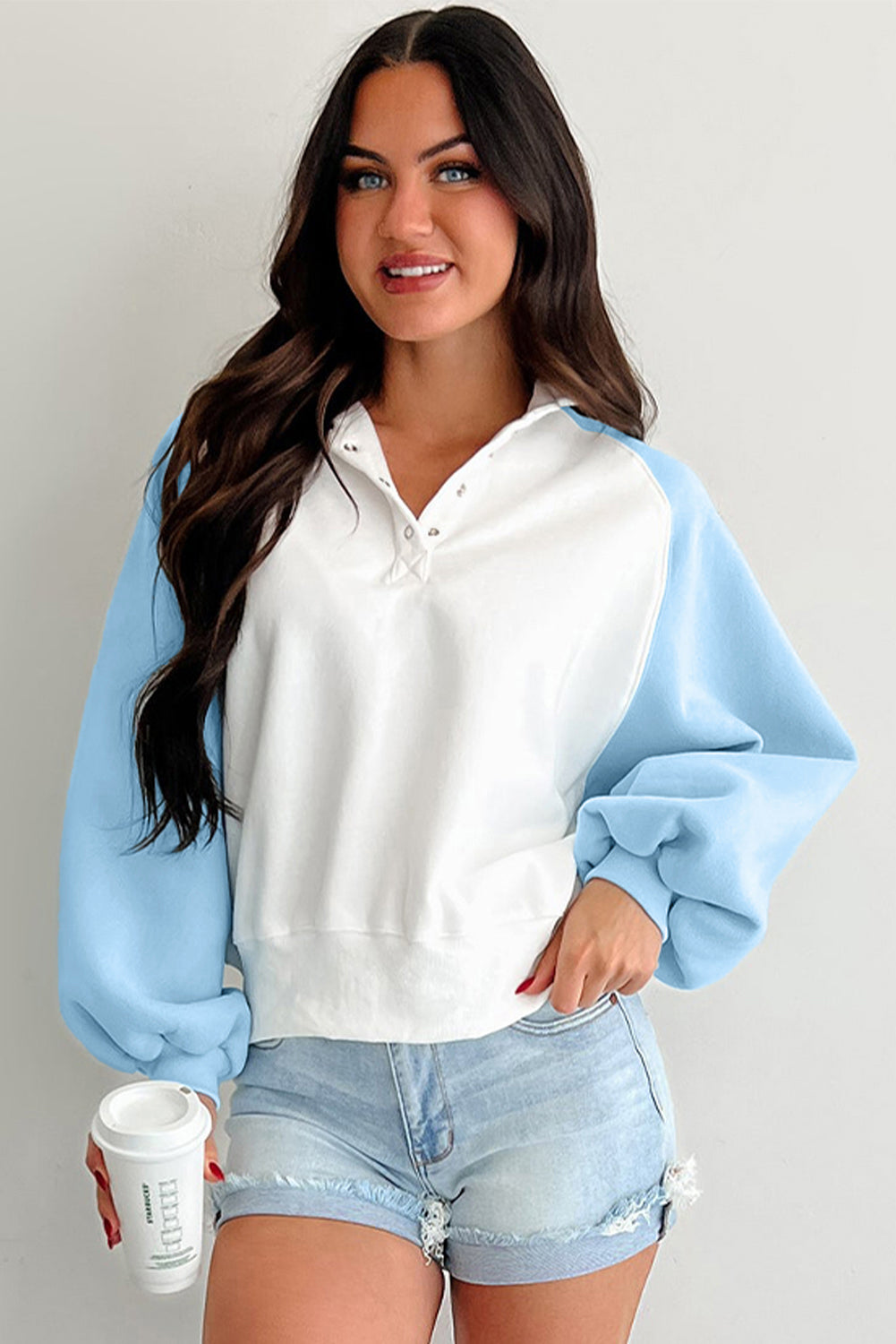 Beau Blue Colorblock Snap Buttons Pullover Sweatshirt