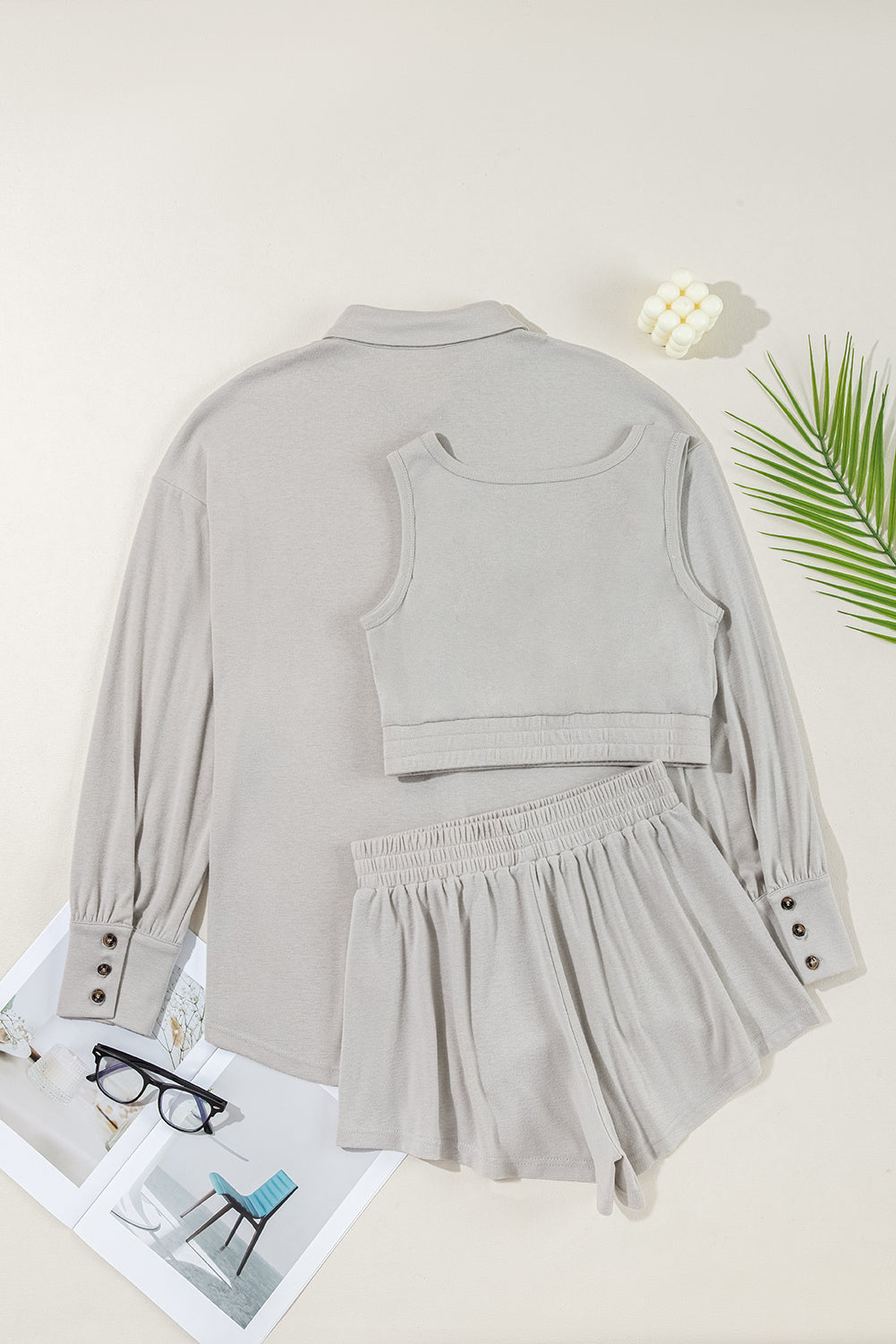 Gray 3Pc Crop Tank Top Shorts with Cardigan Lounge Set