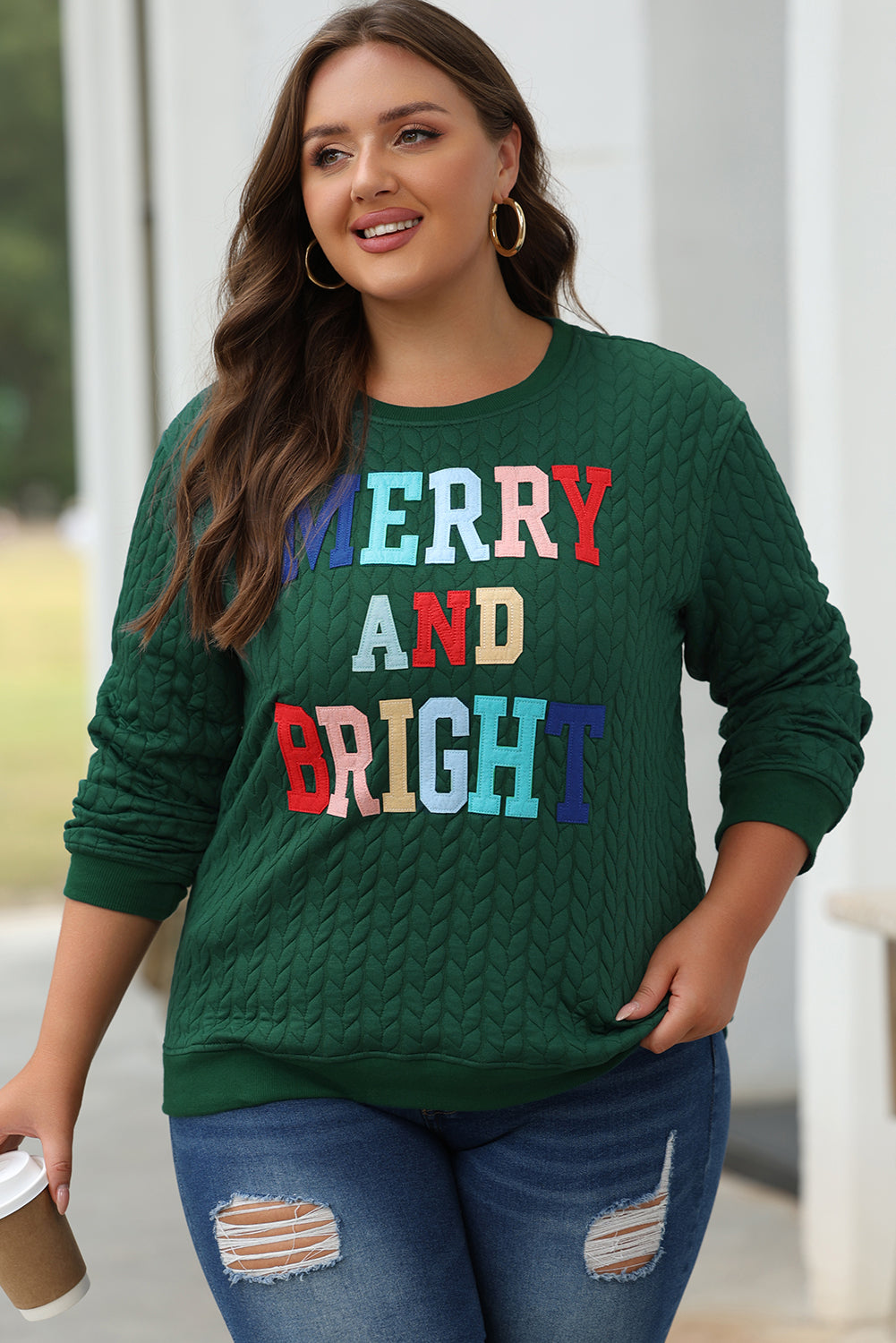 Green Merry And Bright Cable Knit Pullover Sweatshirt