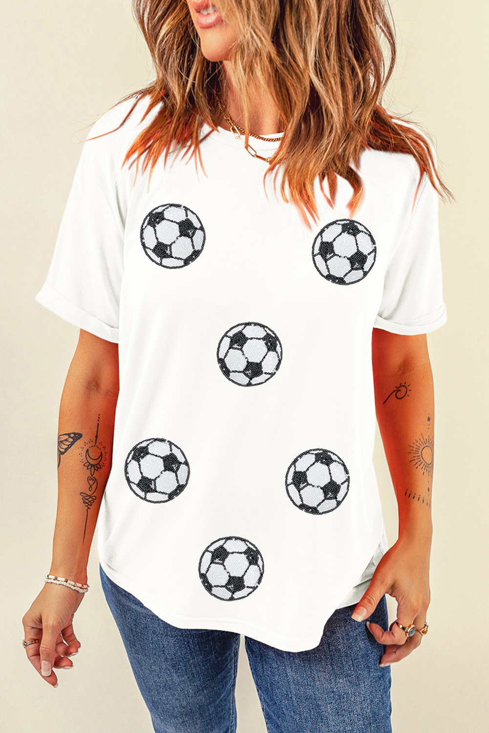 White Sequin Soccer Patched Graphic Game Day Tee