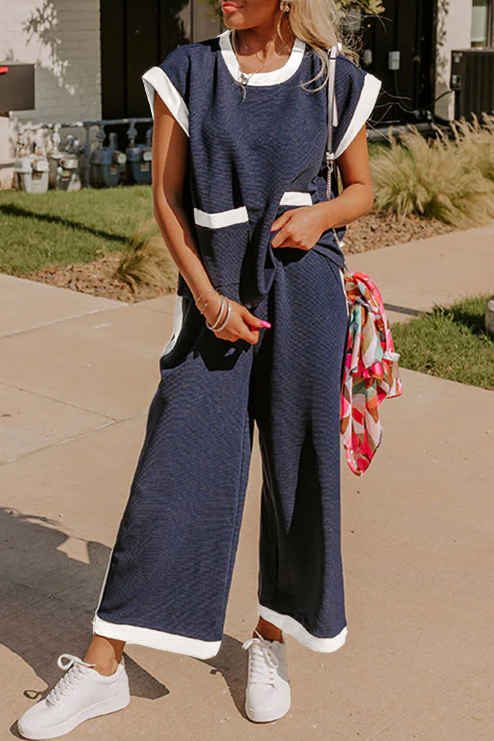 Navy Blue Color Block Pocketed Tee and Wide Leg Pants Set