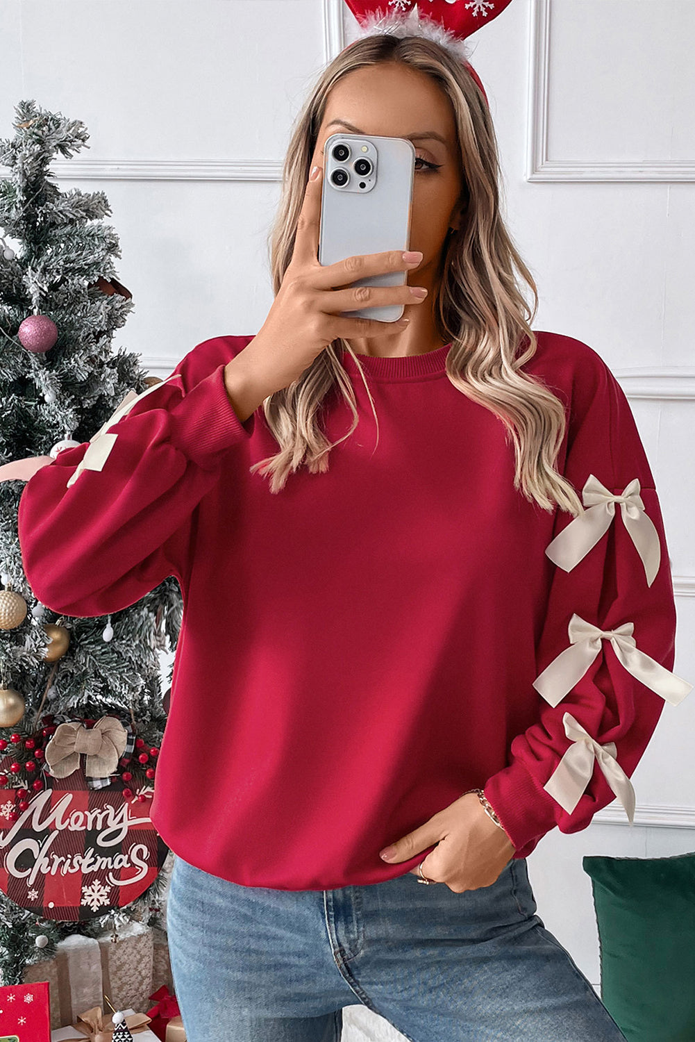 Red and Bow Decor Dropped Sleeve Crewneck Sweatshirt