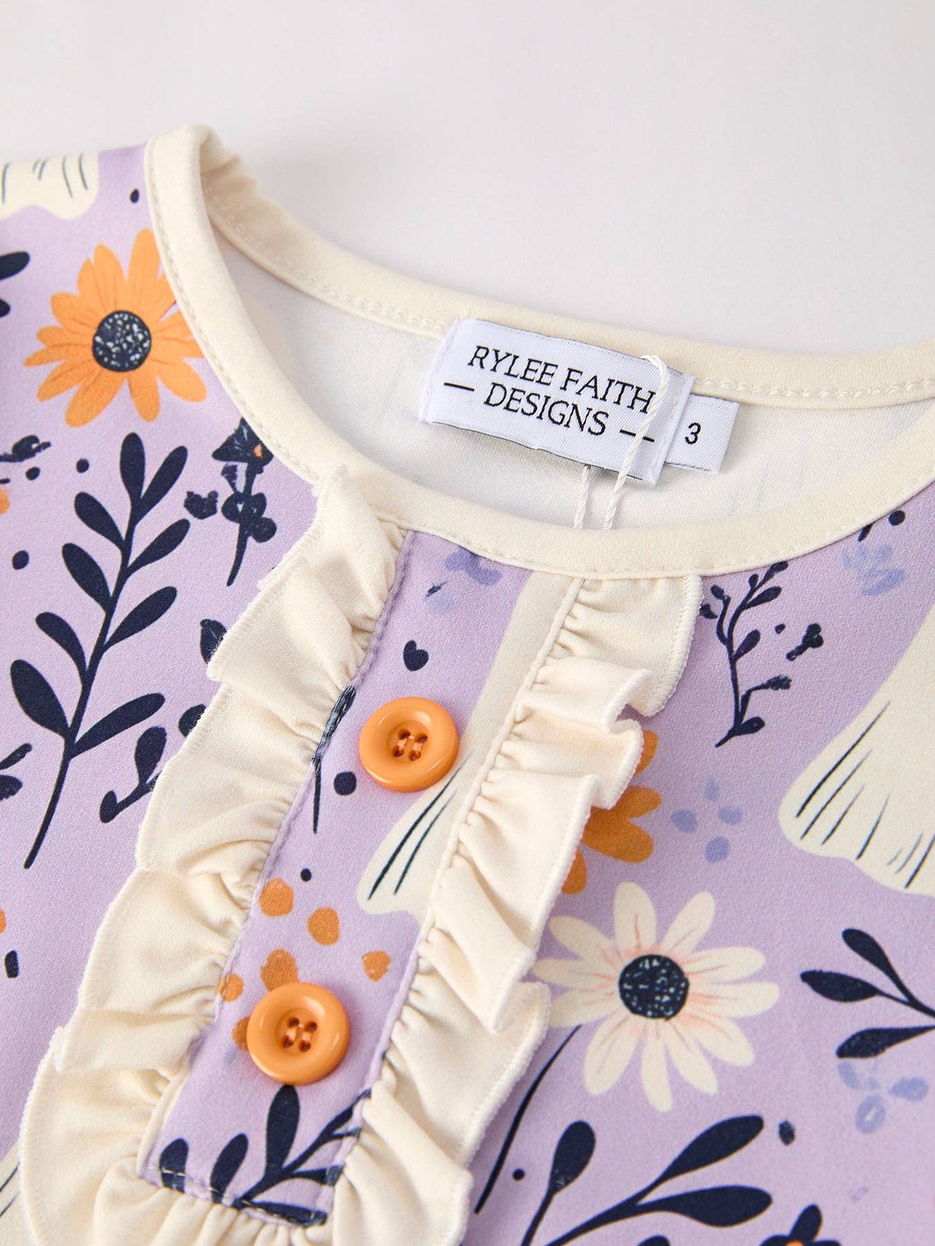 Rylee Faith Designs - Halloween Ghost Floral Print Purple Ruffled Girls Pajamas