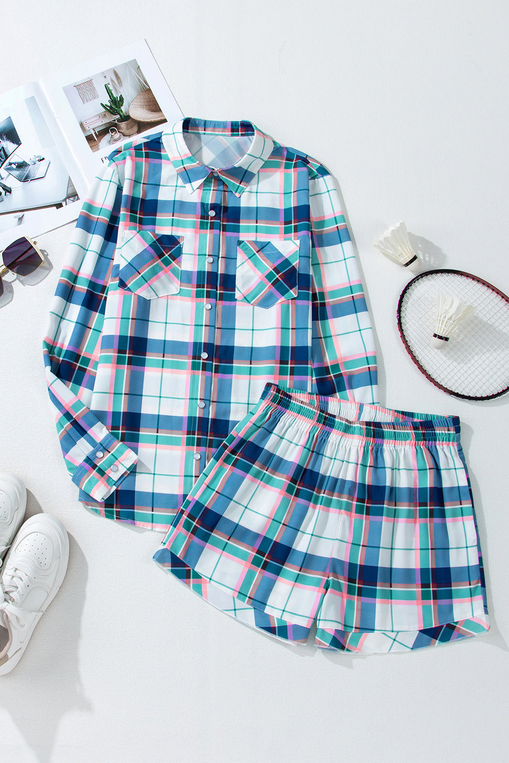 Blue Plaid Print Shirt and Shorts 2Pc Lounge Set