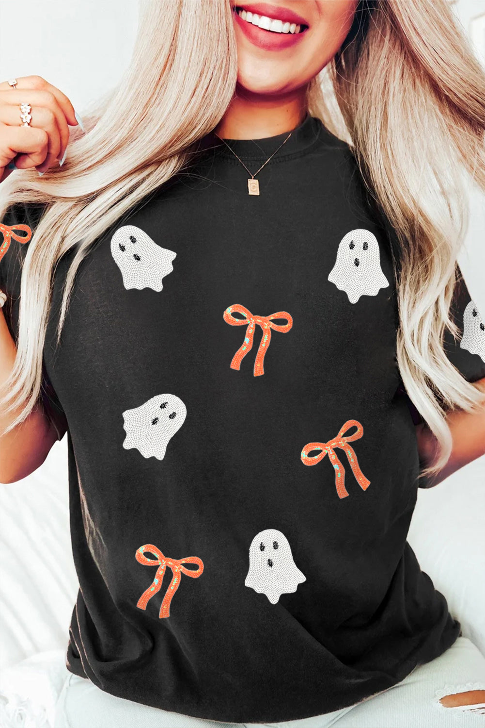 Black Sequin Bow Ghost Patch Halloween Graphic Tee