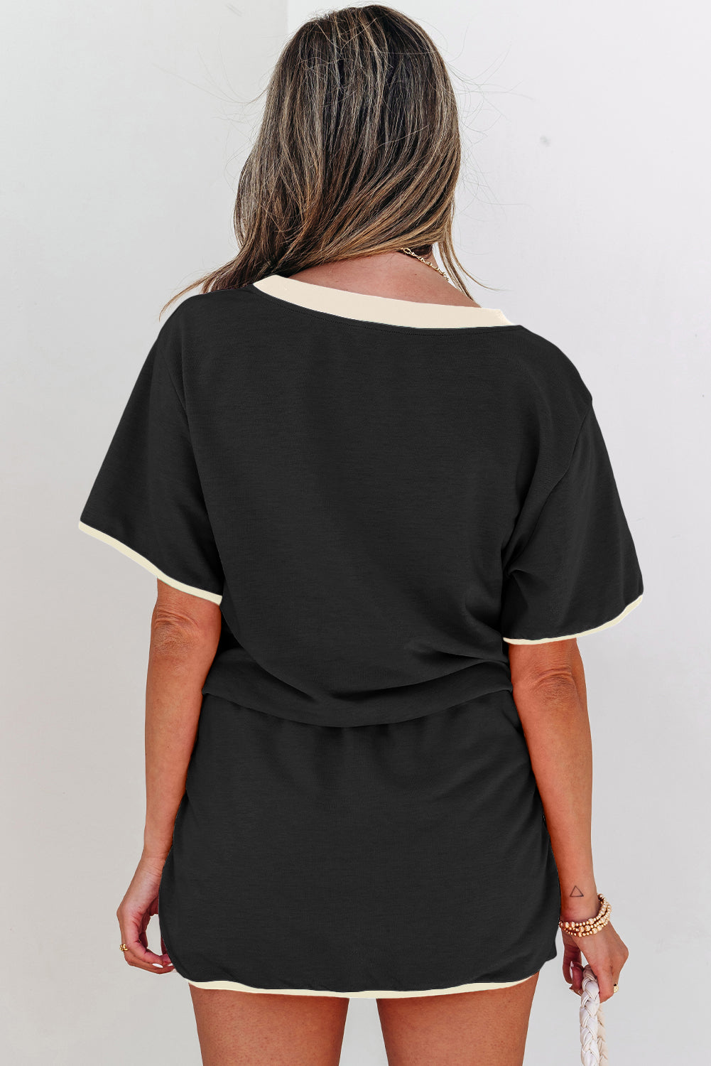 Black Sequin Football Bow Patch Colorblock Edge Tee and Skort Set