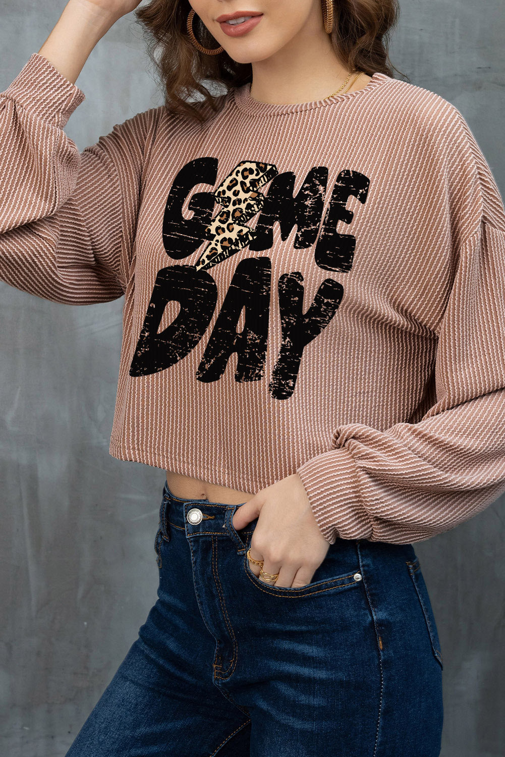 Game Day Leopard Lightning Crop Corded Knit Top