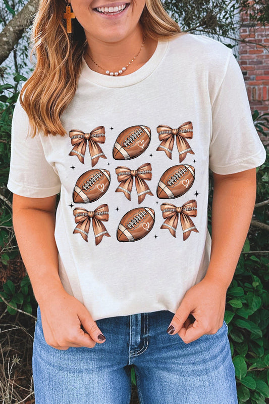 White Football Fashion Bow Print Cotton Blend Tee