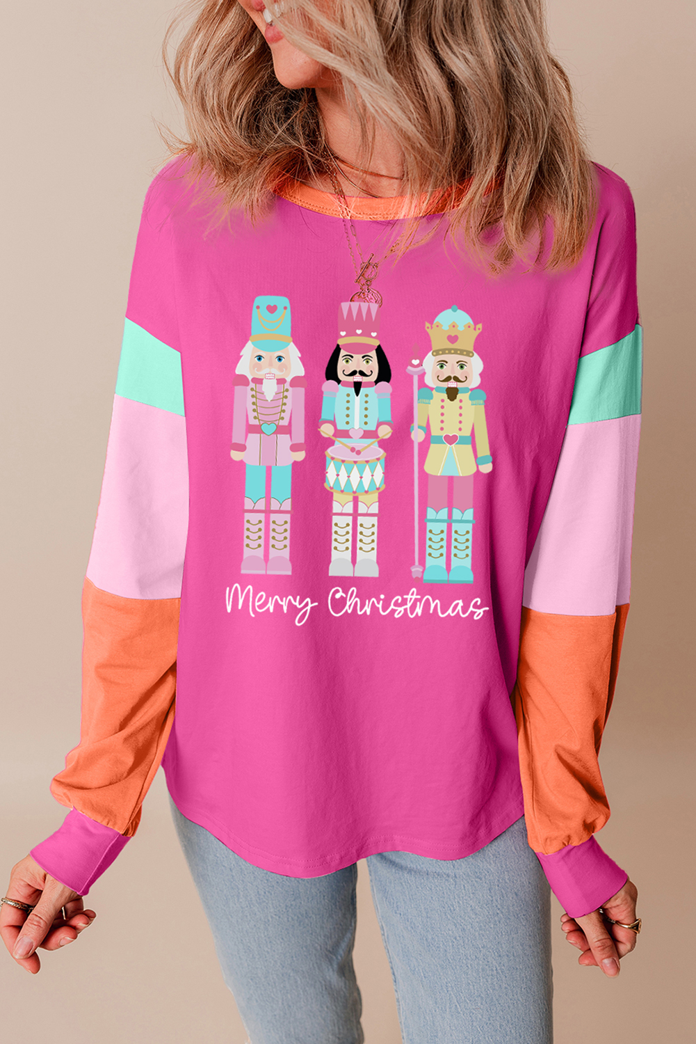 Hot Pink Nutcracker Merry Christmas Graphic Colorblock Long Sleeve Tee
