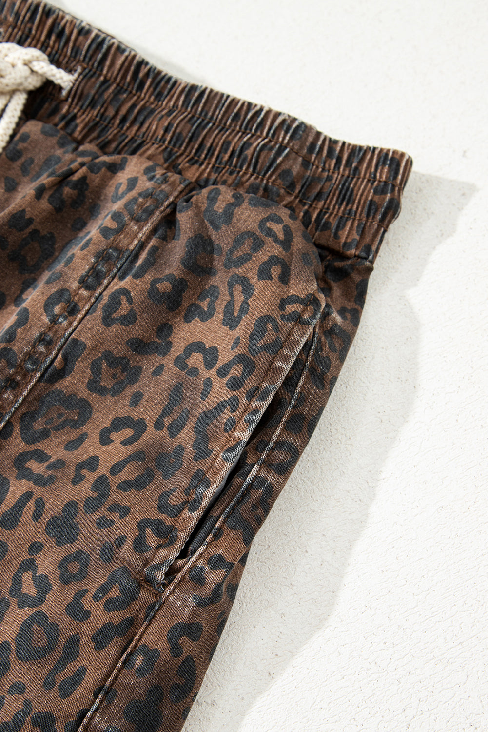 Brown Leopard Print Elastic Waistband Drawstring Denim Skort