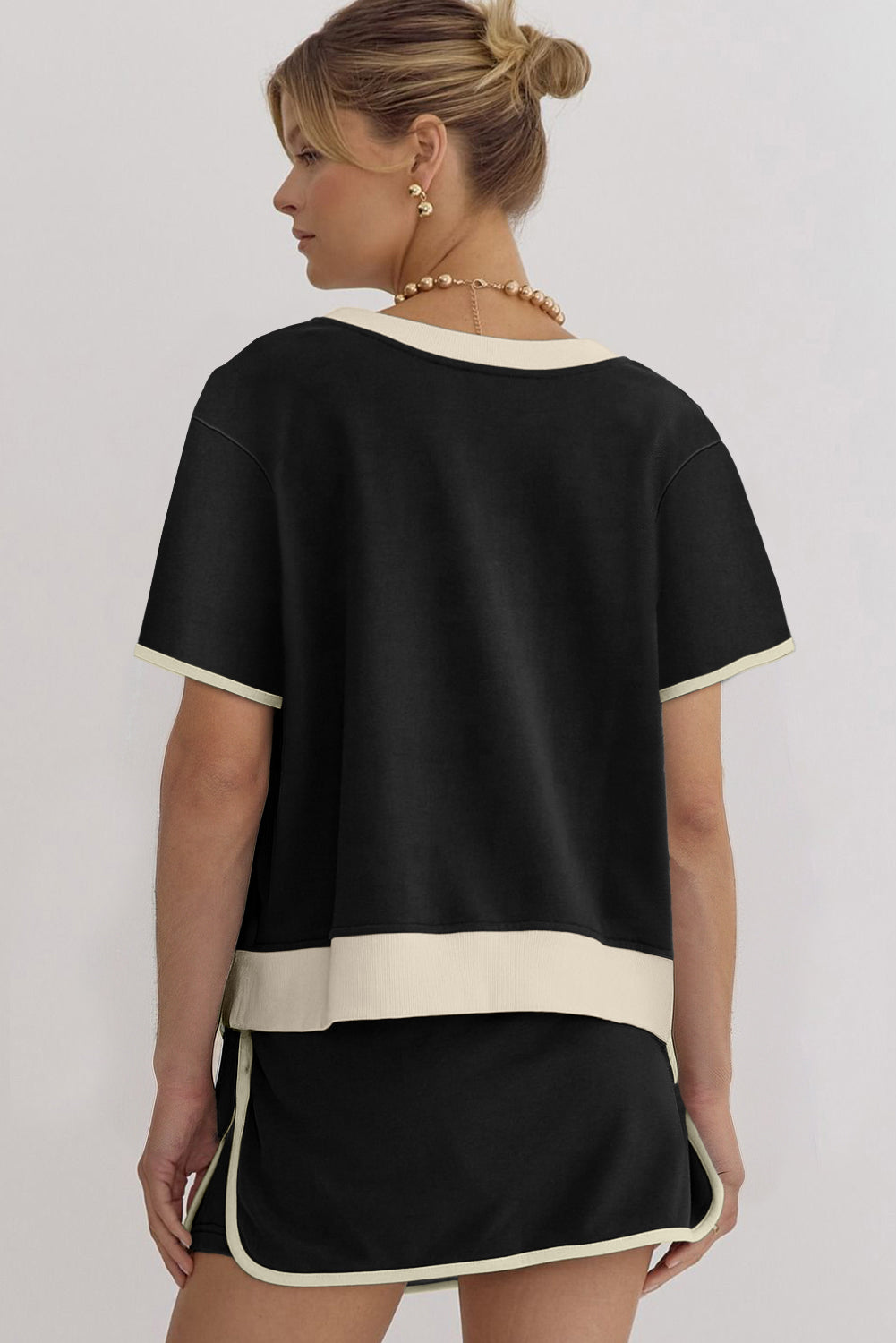 Black Sequin Football Bow Patch Colorblock Edge Tee and Skort Set