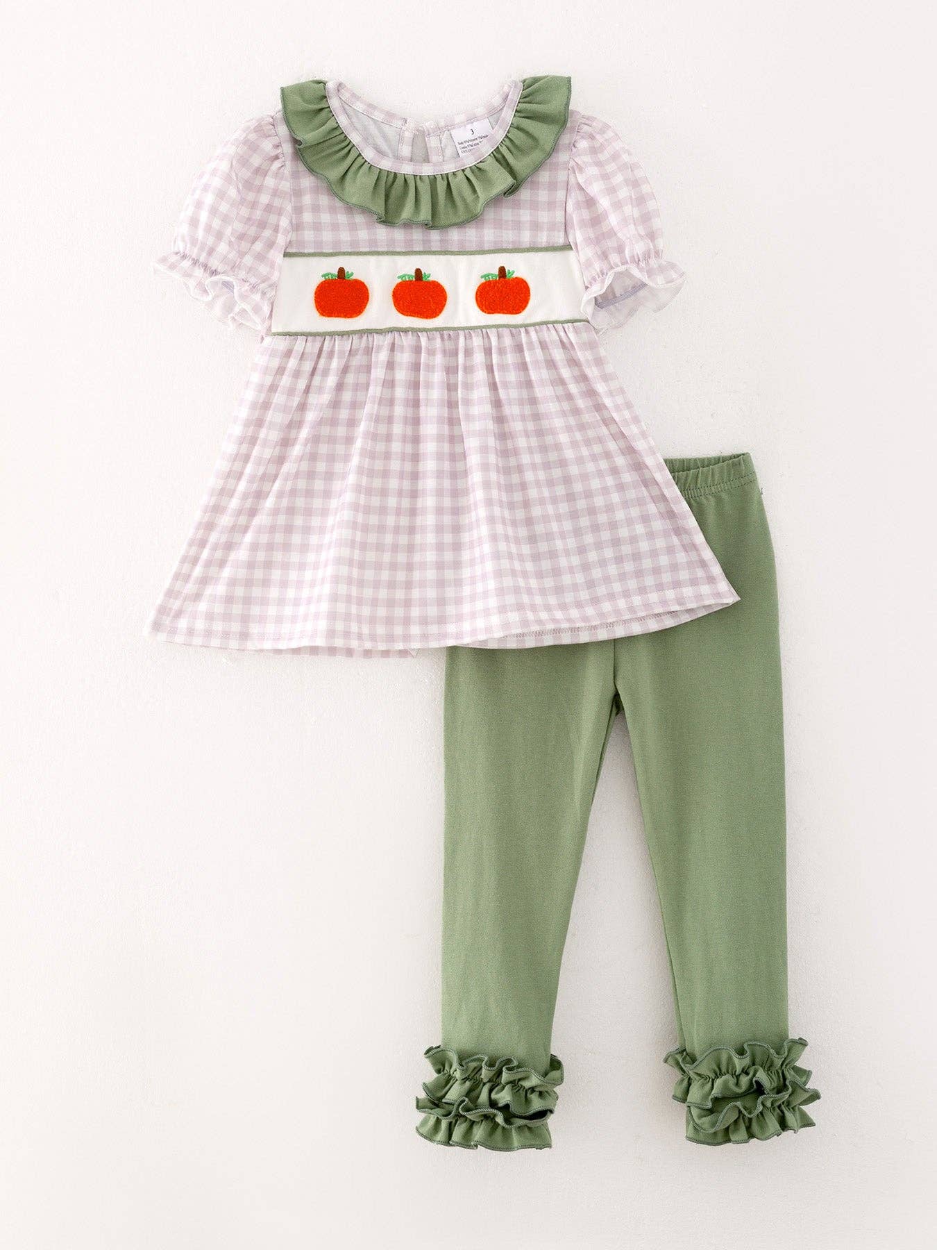 Rylee Faith Designs - Halloween Girls Pumpkin Chenille patches Plaid Top + Pants Set