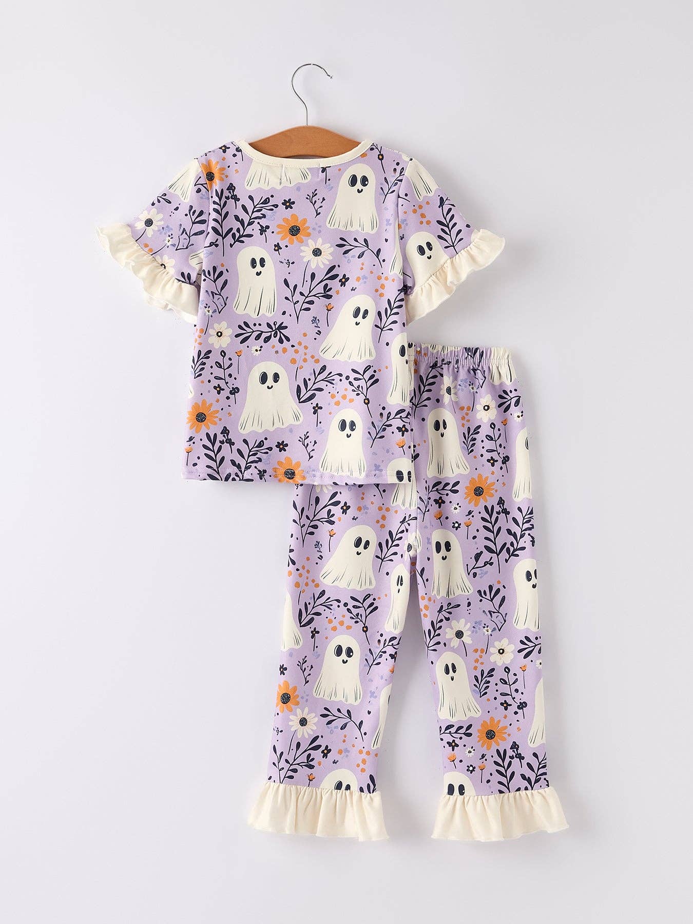 Rylee Faith Designs - Halloween Ghost Floral Print Purple Ruffled Girls Pajamas
