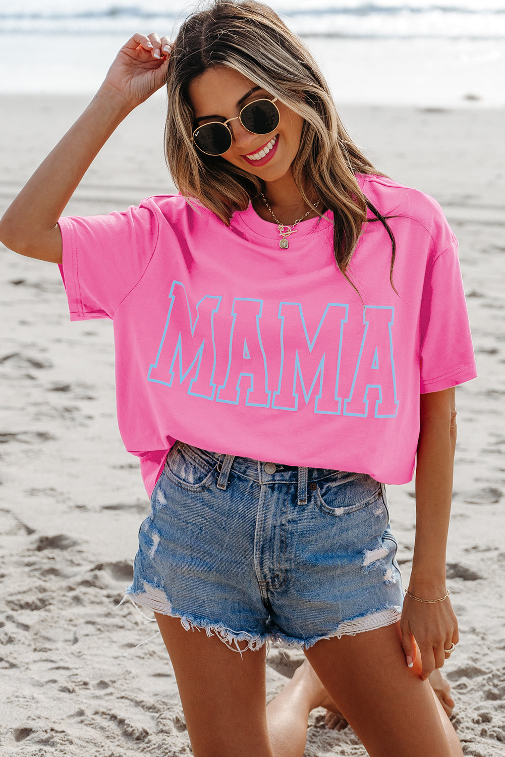 Bright Pink MAMA Letter Graphic Neon Tee
