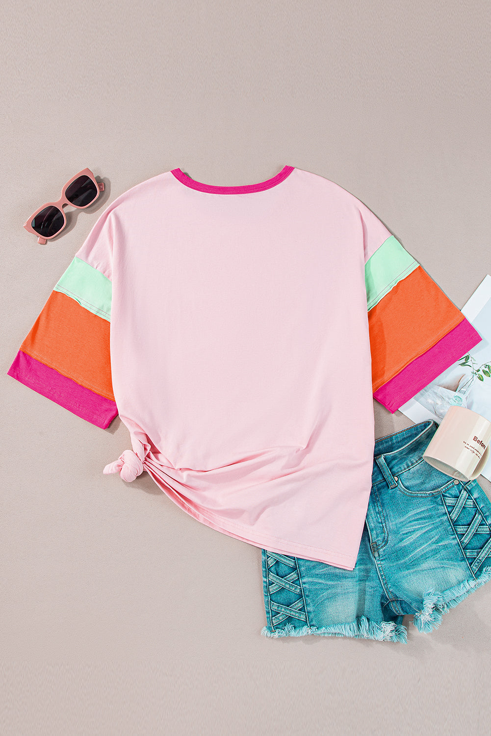 Pink Color Block Half Sleeve O Neck Plus Size Tee
