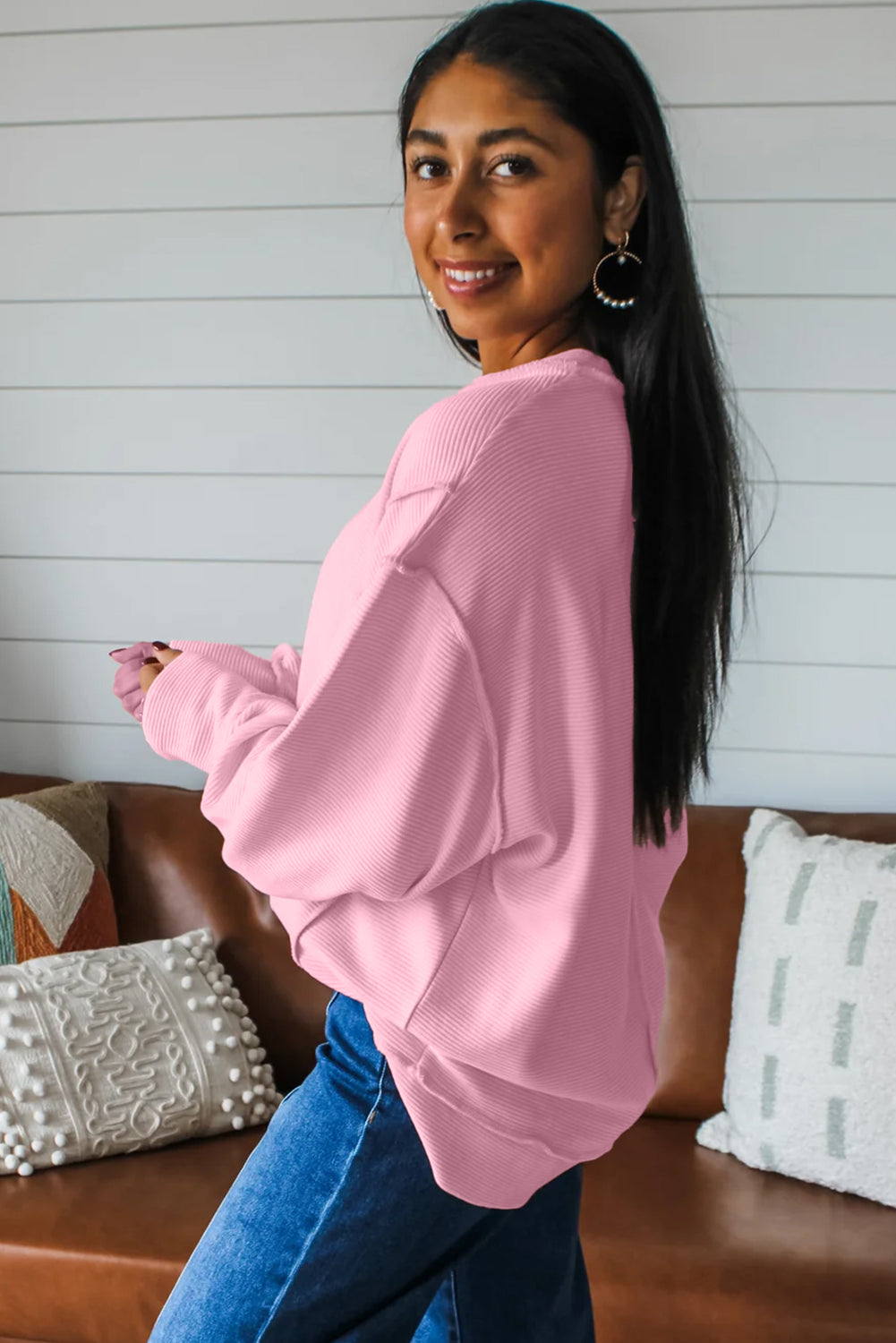 Pink Horizontal Ribbed Exposed Seam Detail Drop Shoulder Baggy Pullover