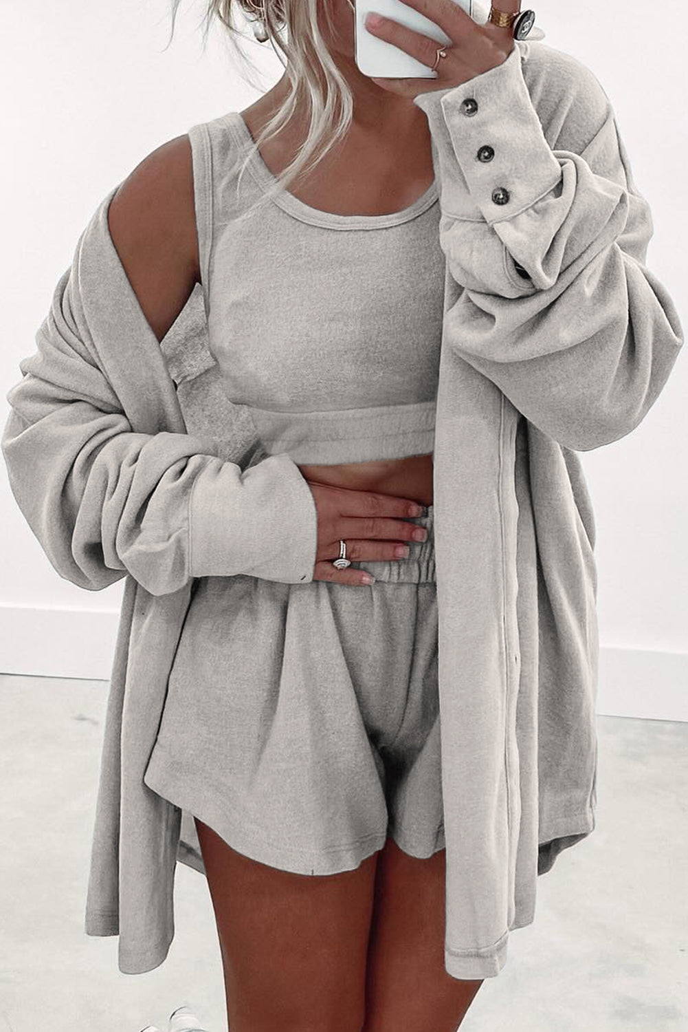 Gray 3Pc Crop Tank Top Shorts with Cardigan Lounge Set