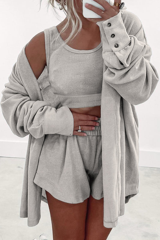 Gray 3Pc Crop Tank Top Shorts with Cardigan Lounge Set