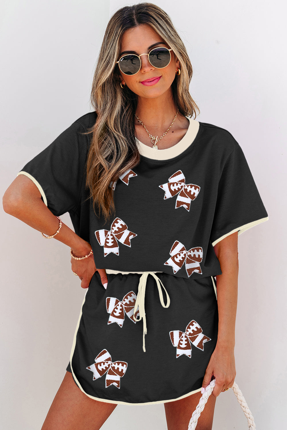 Black Sequin Football Bow Patch Colorblock Edge Tee and Skort Set