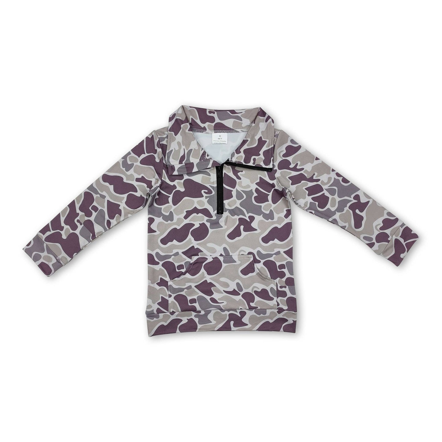 Yawoo Garments - Long sleeves grey camo pocket kids zip pullover