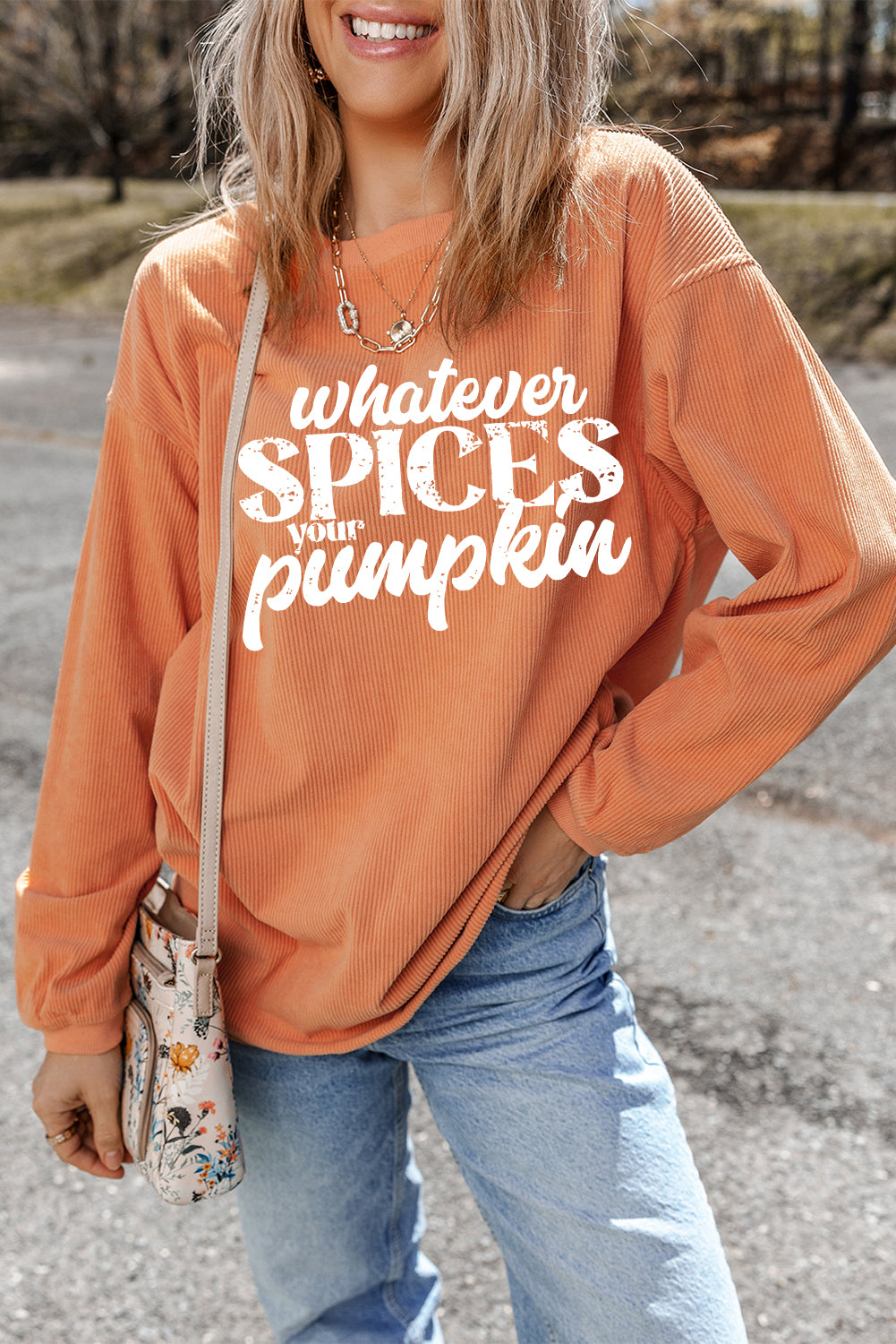 “Whatever Spices Your Pumpkin Corded Pullover Sweatshirt