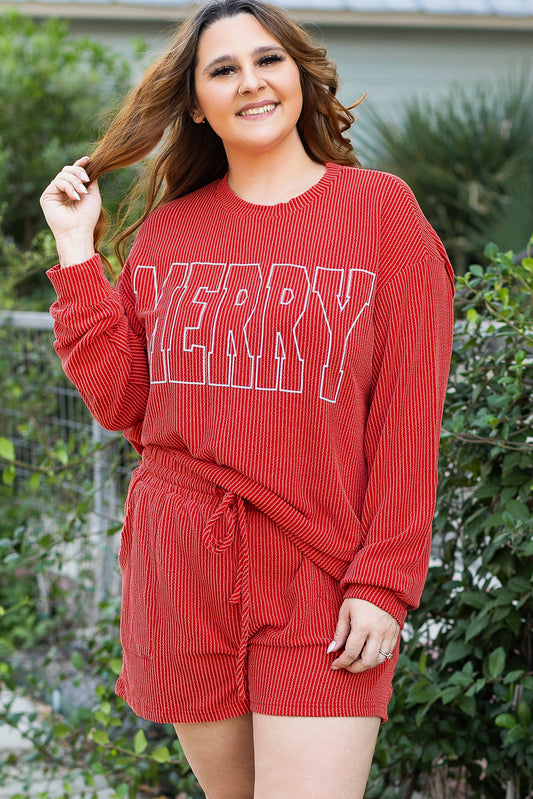 Red MERRY Ribbed Knit Long Sleeve Lace-up Waist Plus Size Set