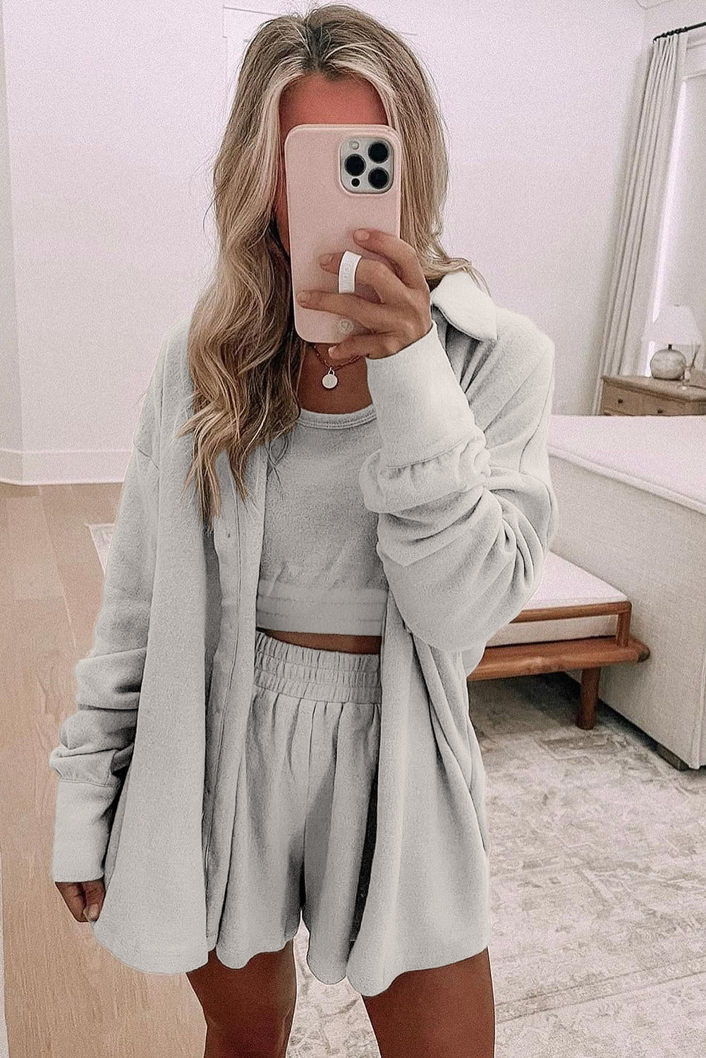 Gray 3Pc Crop Tank Top Shorts with Cardigan Lounge Set