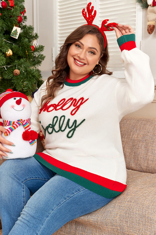 White Tinsel Holly Jolly Pattern Colorblock Edge Drop Shoulder Plus Size Sweater