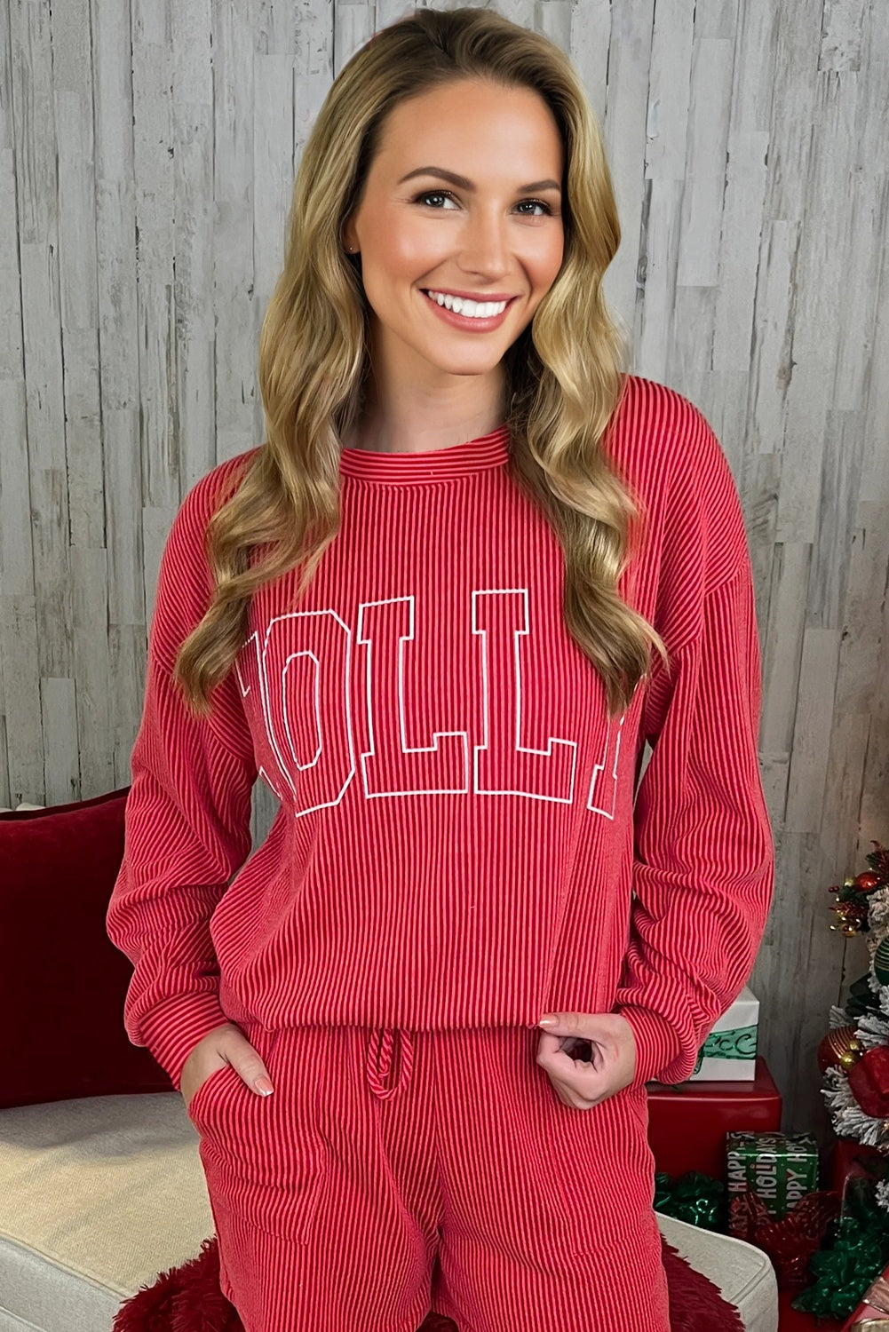 Red Twisted Rib MERRY Loose Long Sleeve Top