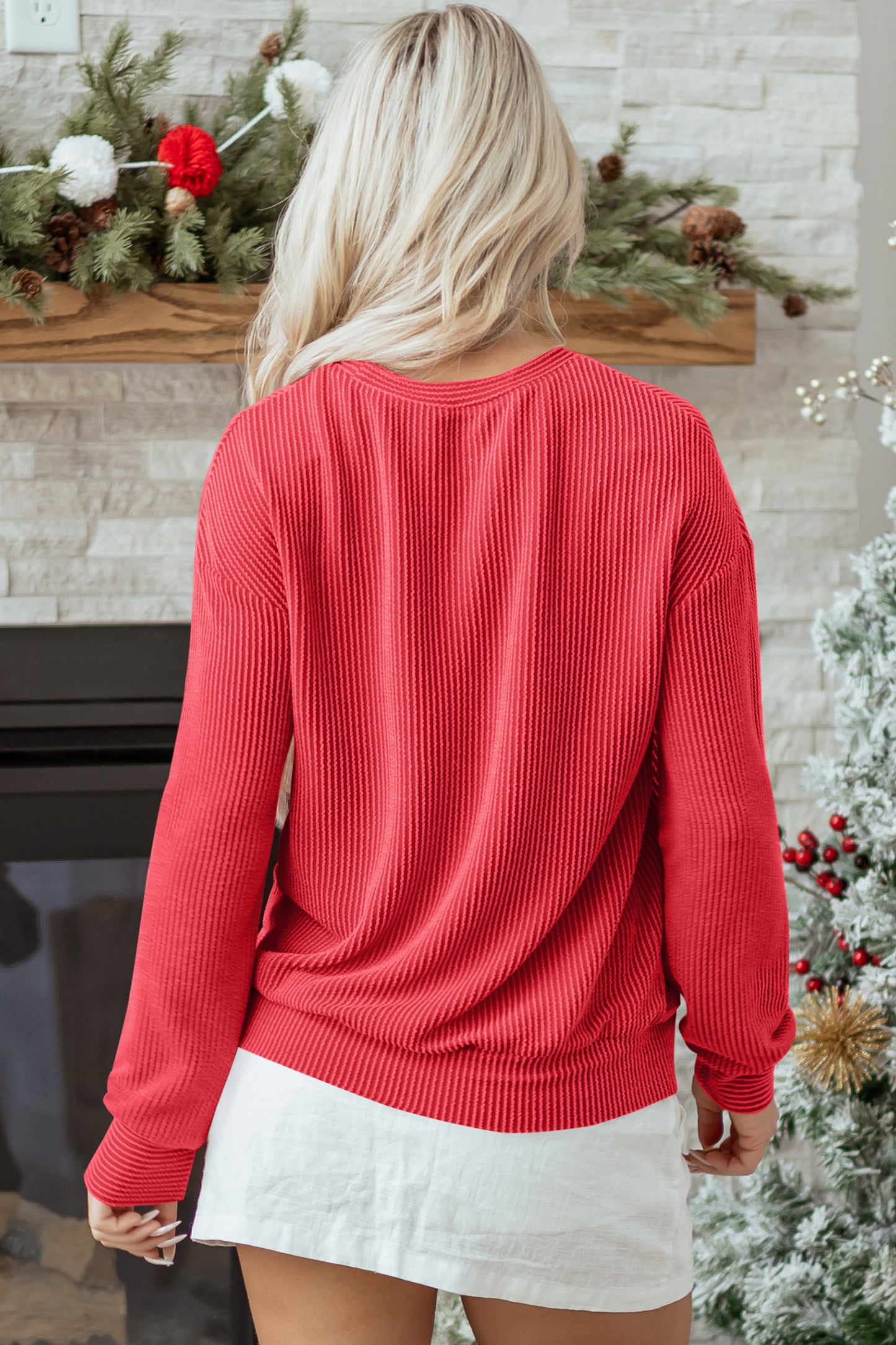 Red Twisted Rib MERRY Loose Long Sleeve Top