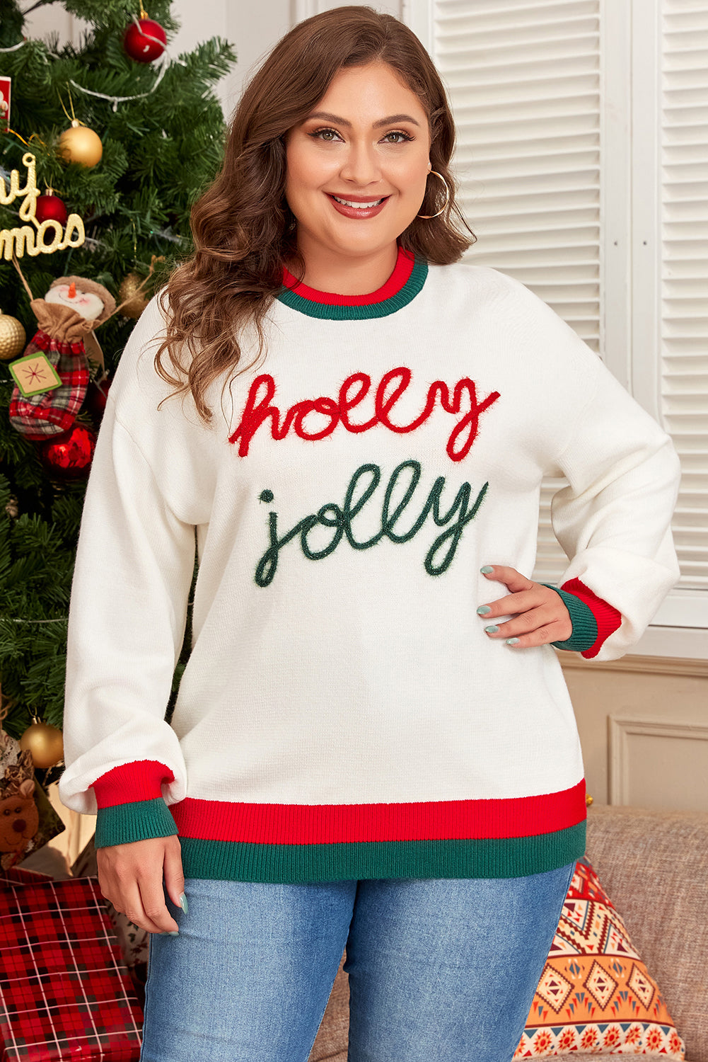 White Tinsel Holly Jolly Pattern Colorblock Edge Drop Shoulder Plus Size Sweater