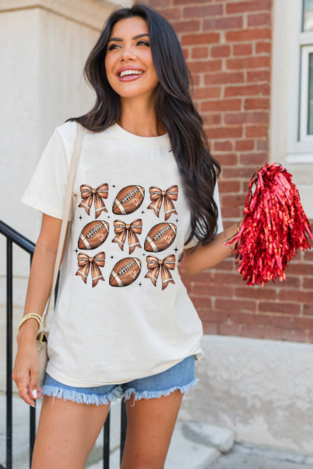 White Football Fashion Bow Print Cotton Blend Tee
